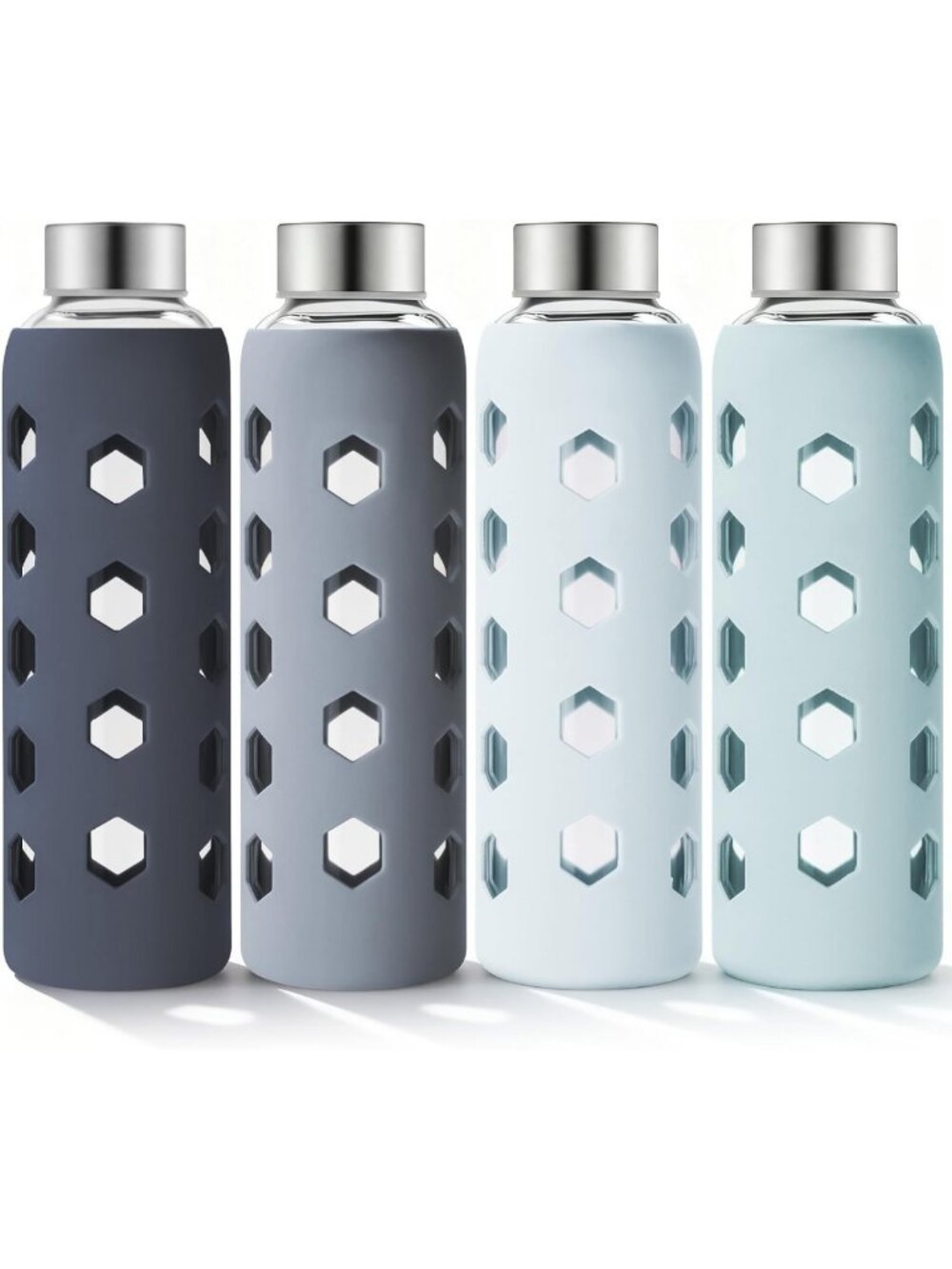 Set of 4 Eco-Friendly 18 oz Glass Water Bottles with Lids & Silicone Sleeves
